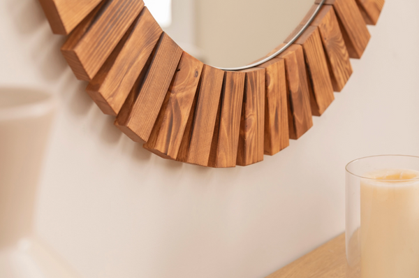 Masif Ahşap Yuvarlak Dekoratif Ayna, 90x90 cm