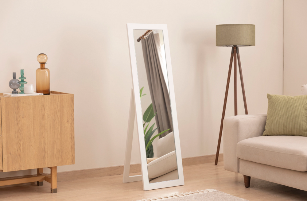 Mdf Beyaz Modern Ayaklı Boy Aynası, 140x40 Cm