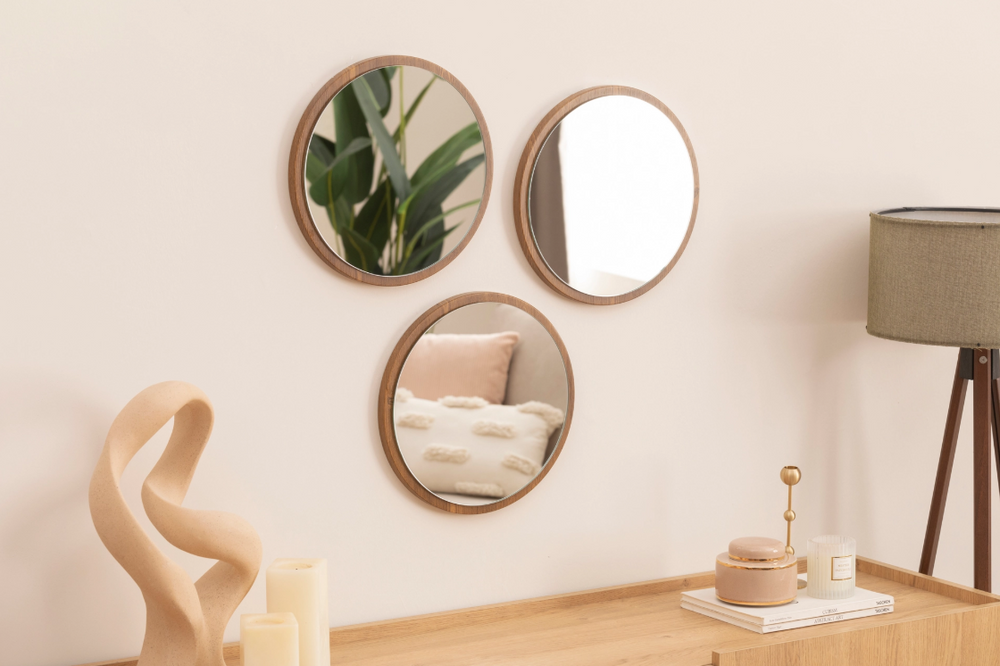 Kahverengi Mdf Üçlü Duvar Aynası, 32x32 cm