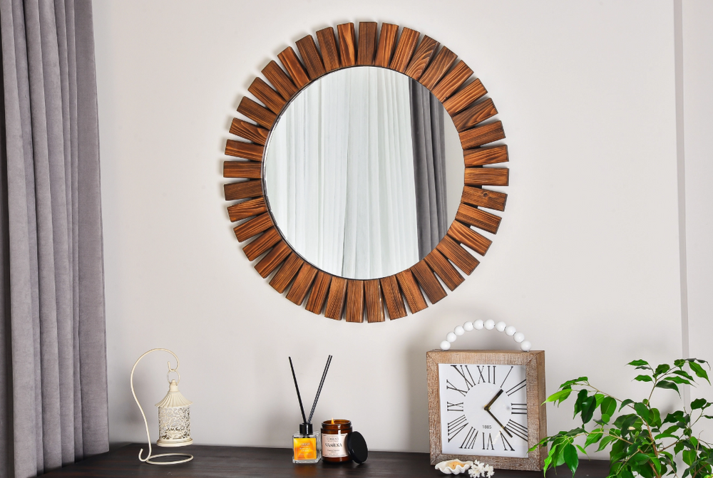 Flower Ahşap Ceviz Rengi Yuvarlak Ayna, 60x60 cm