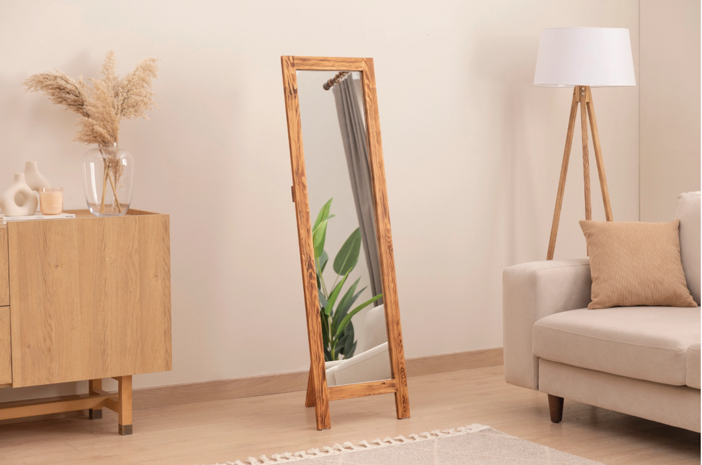 Doğal Ahşap Dekoratif Ayaklı Boy Aynası, 180x60 cm