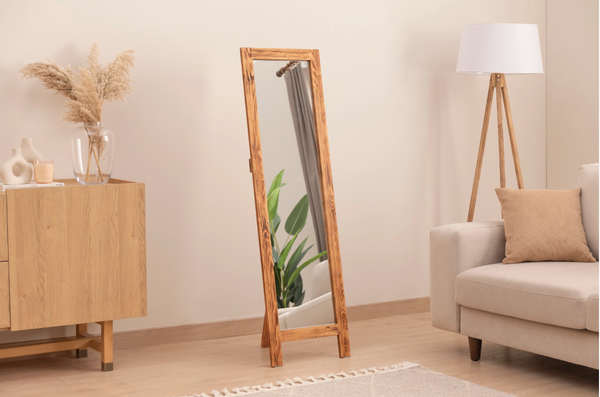 Doğal Ahşap Dekoratif Ayaklı Boy Aynası, 170x60 cm