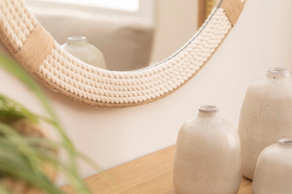 Halatlı Yuvarlak Beyaz Dekoratif Ayna, 100×100 cm