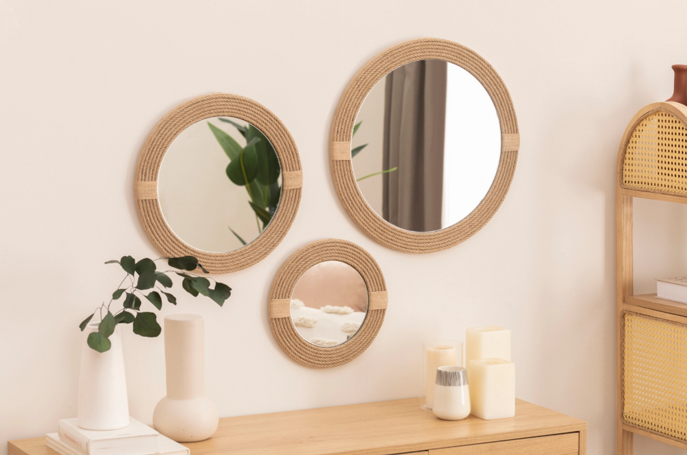Jut Halatlı Üçlü Yuvarlak Dekoratif Ayna