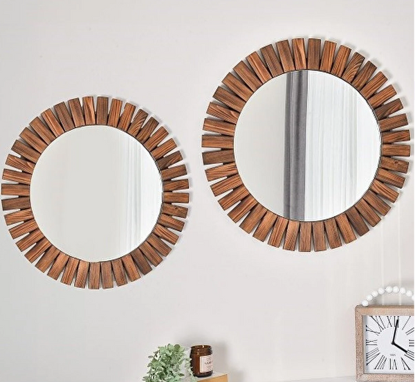 Flower Ahşap Ceviz Rengi Yuvarlak Ayna, 60x50 cm